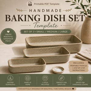 May include: A set of three rectangular baking dishes in a speckled beige finish, arranged from largest to smallest, accompanied by a small circular bowl. The text reads: Printable PDF Template, Handmade Baking Dish Set, Set of 3, Small/Medium/Large.