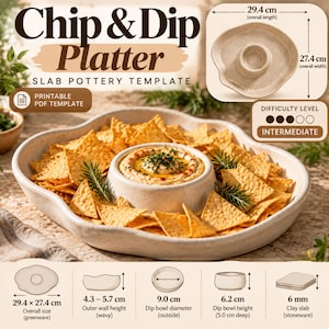 May include: A printable PDF template for a chip and dip platter, featuring a beige, wavy-edged ceramic dish with a central bowl. The platter measures 29.4 cm by 27.4 cm, with a 9.0 cm diameter dip bowl, 6.2 cm high, and a 6 mm thick clay slab.