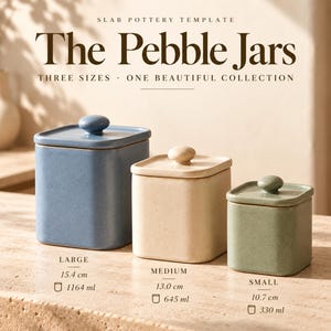 May include: Three square ceramic jars with lids, labeled The Pebble Jars. The large blue jar is 15.4 cm and 1164 ml, the medium beige jar is 13.0 cm and 645 ml, and the small green jar is 10.7 cm and 330 ml. Each jar has a rounded knob handle.