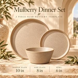 May include: A 3-piece Mulberry Dinner Set slab pottery template featuring a 10-inch dinner plate, an 8-inch side plate, and a 6-inch bowl. The ceramic pieces are beige with a speckled texture and raised rims, presented as a set.
