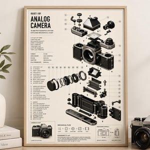 May include: A framed poster featuring an exploded view diagram of an analog camera. The print displays black technical illustrations of camera components on a cream background with text labels, including the title Analog Camera 35mm System.