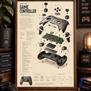 Op de afbeelding: Een ingelijste technische poster getiteld OBJECT / 029 GAME CONTROLLER, met een explosietekening van een draadloze gamepad met genummerde onderdelen, een printplaat, batterij en behuizing. De print bevat technische specificaties, een onderdelenlijst en een functiediagram op een crèmekleurige achtergrond met zwarte tekst.
