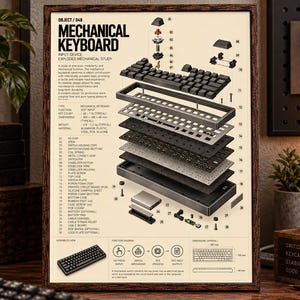 May include: A framed poster featuring an exploded view diagram of a mechanical keyboard. The print displays technical labels, component parts, and assembly instructions on a cream background with black text and illustrations of keyboard parts.