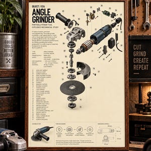 Könnte beinhalten: Ein gerahmtes technisches Poster mit dem Titel ANGLE GRINDER, das eine Explosionszeichnung eines tragbaren Elektrowerkzeugs zeigt. Der Druck enthält nummerierte Bauteile, ein Funktionsdiagramm und technische Daten, darunter einen Scheibendurchmesser von 125 mm.