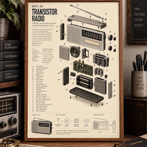 Op de afbeelding: Een ingelijste technische poster getiteld Transistor Radio, met een explosietekening van een draagbare AM/FM-radio-ontvanger. De print toont genummerde onderdelen, een functiediagram en technische specificaties op een lichtbeige achtergrond.
