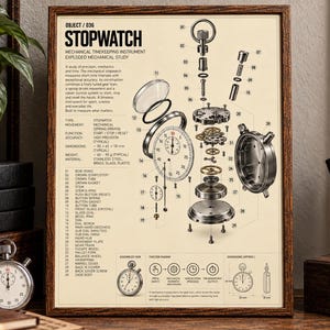 Stopwatch Poster Exploded View – Mechanical Clock Wall Art, Watchmaker Gift, Technology Poster, Engineering Art, Digital Download