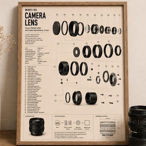 May include: A framed technical poster titled CAMERA LENS 50mm PRIME LENS EXPLODED MECHANICAL STUDY. The print features a detailed diagram of lens components with numbered parts, technical specifications, and a function diagram on a beige background.
