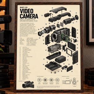 May include: A framed technical poster titled OBJECT / 051 VIDEO CAMERA, featuring an exploded view diagram of a digital recording device with numbered components, technical specifications, a functional diagram, and dimensions of 220 mm by 115 mm.