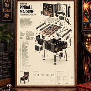 May include: A framed technical poster titled Pinball Machine, featuring an exploded view diagram of an electromechanical arcade game. The print includes detailed component labels, a function diagram, and technical specifications on a cream background.
