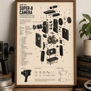 May include: A framed technical poster titled Super-8 Camera, featuring an exploded view diagram of a movie camera with numbered components, technical specifications, and a function diagram on a cream background with black text and illustrations.