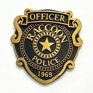 May include: A shield-shaped badge featuring a black and gold color scheme. The text reads OFFICER RACCOON POLICE 1969. A central star is surrounded by a circular border with decorative scrollwork at the top and sides of the emblem.