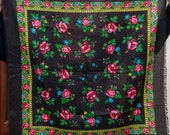 Vintage Russian shawl. Black Ukrainian Hustka. Platok Babushka. Ethnic wool Scarf. Shawl with lurex chale russe. Black Lurex scarf of roses