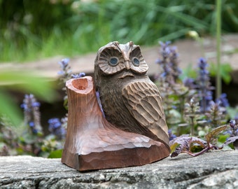Pen Holder Owl, Carved Wooden Owl, Hand carved wood, handmade Owl sculpture, pencil stand, pen holder animals, Wooden office decoration