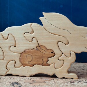 Wooden puzzle. Nursery decor. Hare toy, wooden animals, wooden toys, Family gift for family, hare family. Handmade toys. Educational toys.