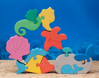 Wooden Animal Puzzle, Ocean Theme Nursery Decor, Handmade Toy