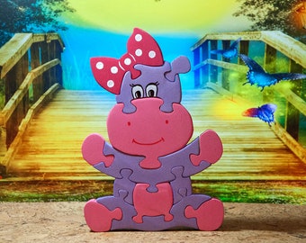 Wooden Hippo Puzzle, Handmade Eco Toy, Nursery Decor
