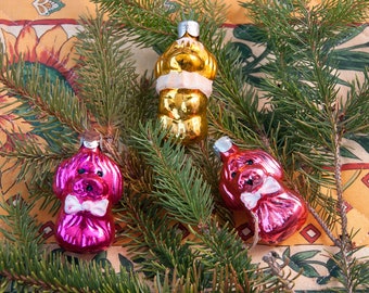 Natale ornamenti in vetro cani urss, decorazioni albero di Natale, set di 3 giocattoli vintage, Natale sovietico, decorazioni di Capodanno