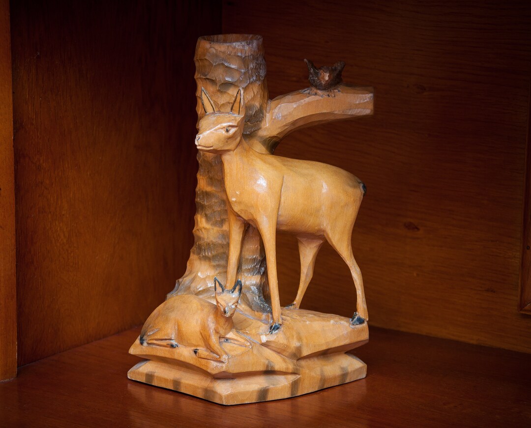 Wooden Deer. Vintage Deer Figure. Wood Deer Sculpture. Wooden Deer