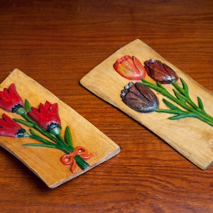 Set of 2 Carved decorative wall panel Flowers, Carved picture, wooden 3D plaque, Vintage Wooden carved panel, gift idea, Primitive art