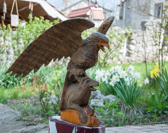 Big Wooden eagle. Eagle figure. Wood eagle sculpture. Vintage Rare Wooden eagle statue hand carved. Wooden Eagle with wolf. Wooden birds