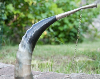 May include: A black and white horn drinking vessel with a silver band and chain. The horn is on a stone surface.
