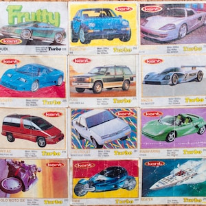 Vintage TURBO KENT Gum Wrappers. Set of 25 Turbo Inserts Bubble Gum Wrapper, Rare Gum Wrappers, Collectible Retro, gum Wrappers with Cars