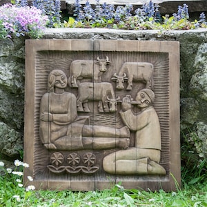 Vintage Wooden panel 3d, Carved decorative panel on wood People, Picture, Folk art, Primitive art, Room decor, Traditional Ukraine craft