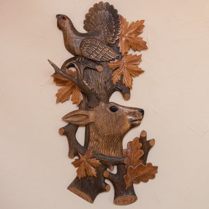 Carved decorative wall panel on wood Deer, wooden picture, wooden 3D plaque, Vintage wall plaque carved, real horn, picture for a hunter