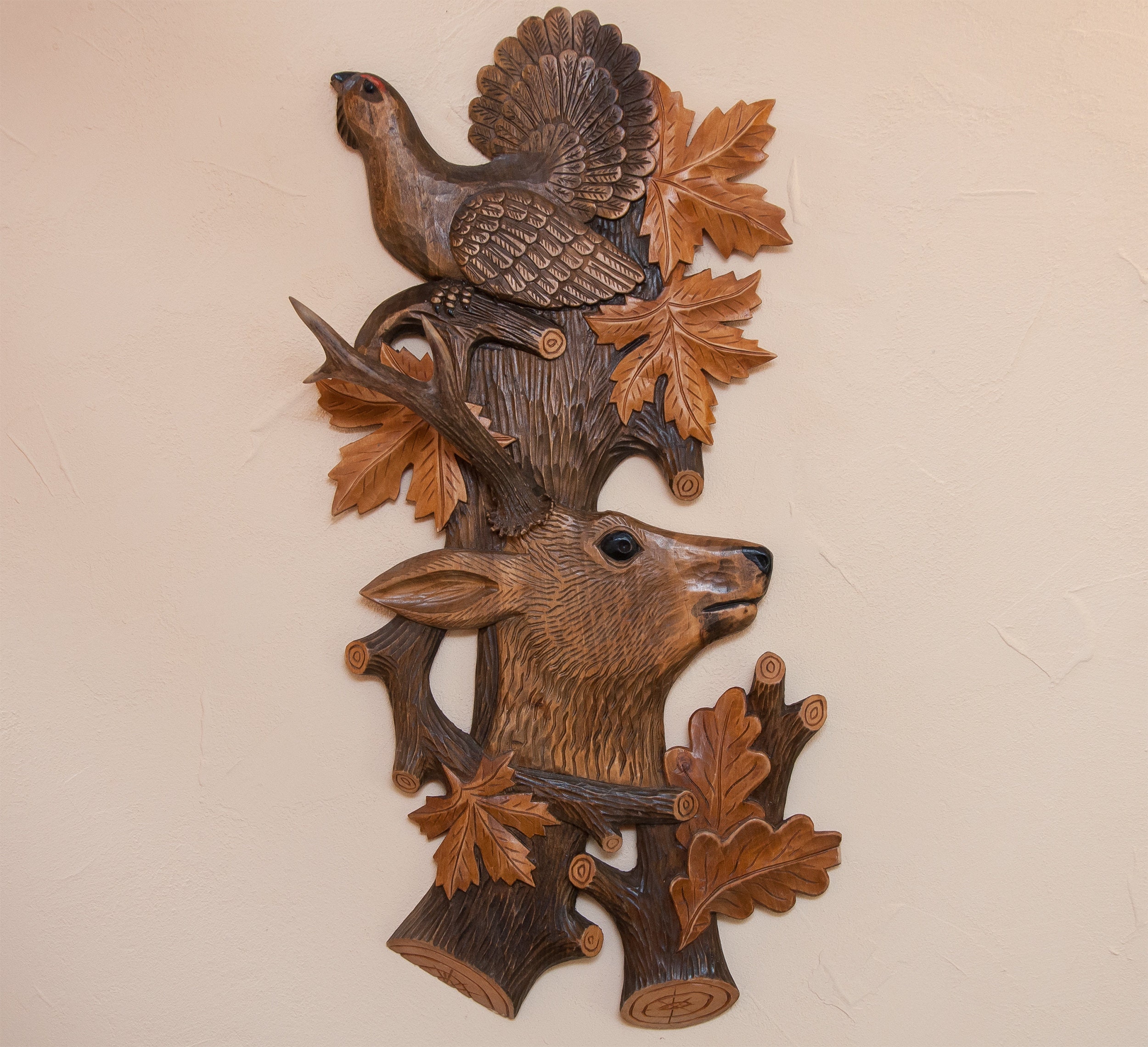 Carved decorative wall panel on wood Deer, wooden picture, wooden 3D plaque, Vintage wall plaque carved, real horn, picture for a hunter