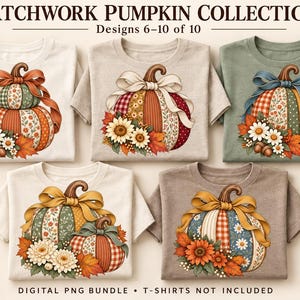 Fall Pumpkin PNG Bundle, 10 Patchwork Pumpkins with Bows, Floral Autumn Clipart, T-Shirt Designs, Digital Download