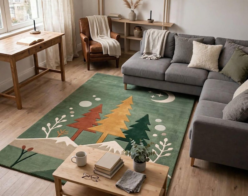 Tree Designed Rugs Hand Tufted Wool Kids Rug, Forest Nursery Rug, Woodland Mountain Area ...