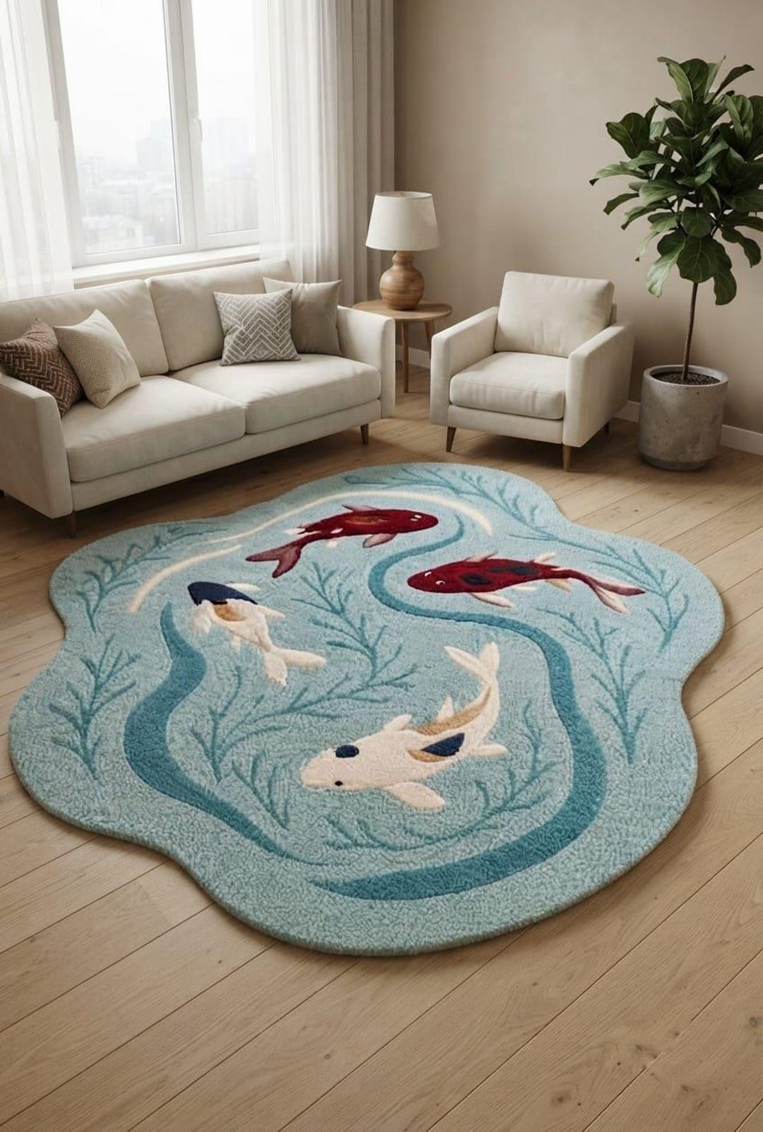 Pond Rug Design Hand Tufted Wool Koi Fish Rug, Japanese Pond Design, Organic Shape Area ...