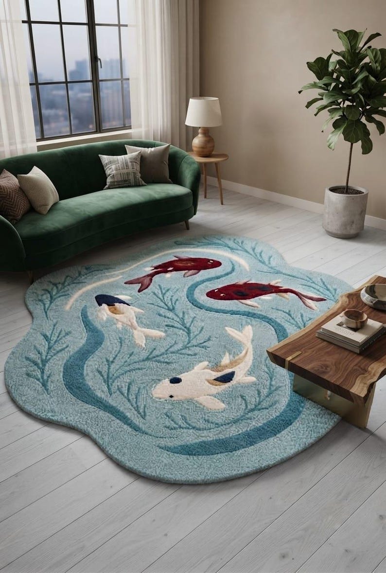 Pond Rug Design Hand Tufted Wool Koi Fish Rug, Japanese Pond Design, Organic Shape Area ...