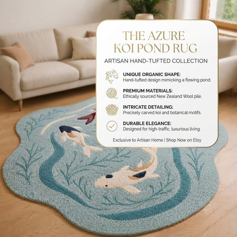 Pond Rug Design Hand Tufted Wool Koi Fish Rug, Japanese Pond Design, Organic Shape Area ...