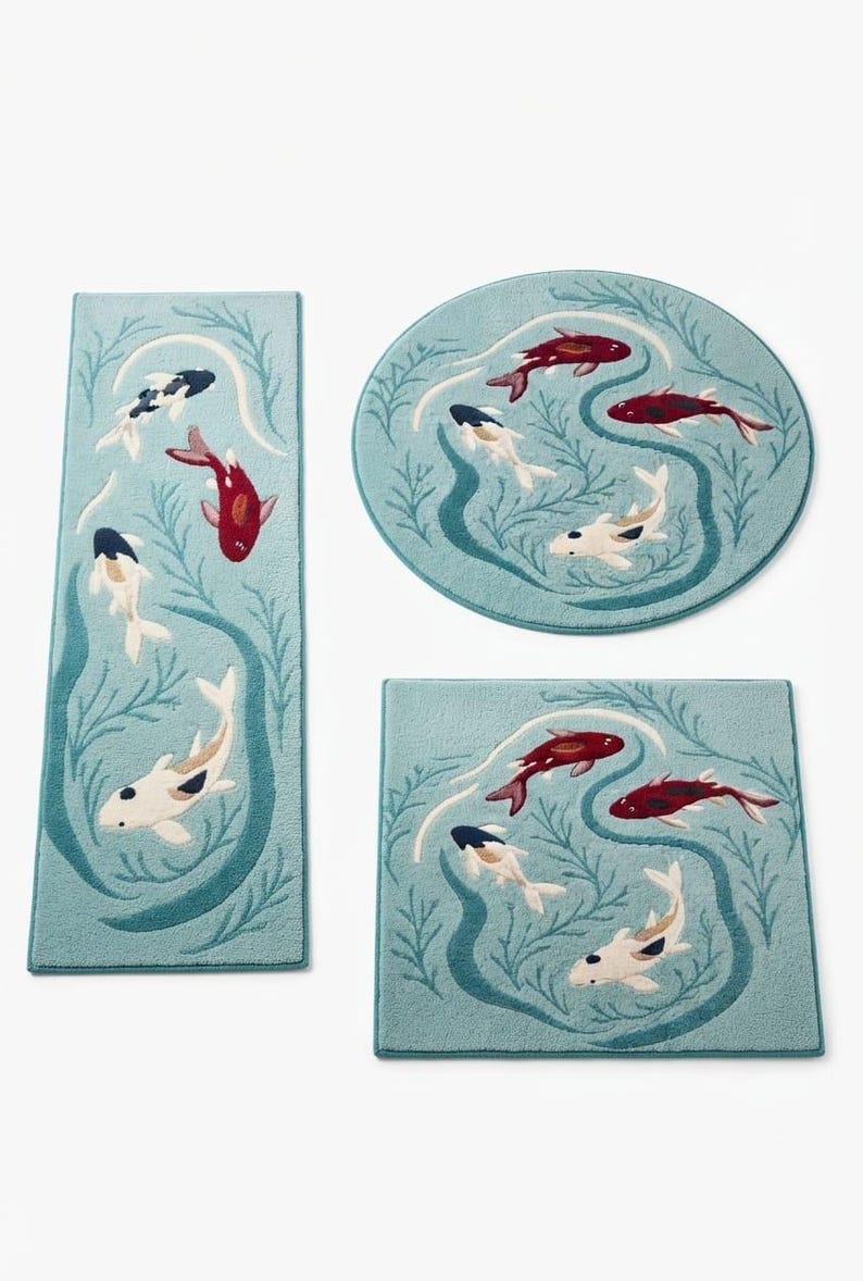 Pond Rug Design Hand Tufted Wool Koi Fish Rug, Japanese Pond Design, Organic Shape Area ...
