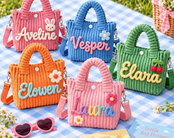 Personalized Toddler Purse, Custom Name Corduroy Crossbody Bag, Hand-Stitched Yarn Kids Handbag, Birthday Gift for Little Girl