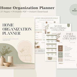 Op de afbeelding: Een 37-pagina tellende huisorganisatieplanner als printbare PDF, inclusief een voorpagina met de tekst Home Organization Planner, een pagina voor een 30-daagse opruimuitdaging en een pagina met een dagelijkse schoonmaakchecklist.