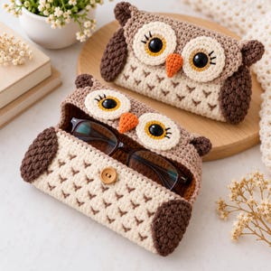Peut inclure: Deux étuis hiboux crochetés à la main en fil crème et marron avec de grands yeux noirs, des becs orange et des ailes marron foncé. Un étui est fermé, tandis que l'autre est ouvert et contient des lunettes à monture sombre avec un bouton en bois.