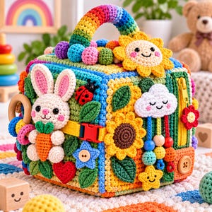 May include: A multi-colored crochet activity cube featuring a rainbow handle, a white bunny holding a carrot, a yellow sunflower, a red ladybug, a white cloud with hanging beads, a yellow zipper, a blue star button, and a red heart applique.