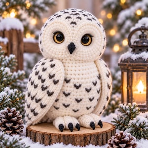 Peut inclure: Une figurine de harfang des neiges au crochet en fil blanc avec des motifs en forme de V gris foncé. Le hibou possède de grands yeux ronds ambrés, un petit bec noir et des serres à pointes noires, posé sur une tranche de bois ronde.