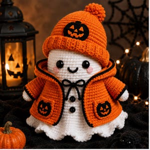 May include: A white crocheted ghost doll wearing an orange beanie with a black pumpkin patch and a matching orange hooded jacket. The jacket features two black pumpkin pockets, black trim, and two black buttons. The ghost has black eyes and pink cheeks.