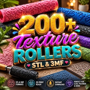 Puede incluir: Una colección de rodillos de textura cilíndricos en varios colores, incluyendo rosa, azul, morado y verde, con intrincados patrones en relieve. El texto central dice 200+ Texture Rollers STL & 3MF, con iconos de impresión y descarga.
