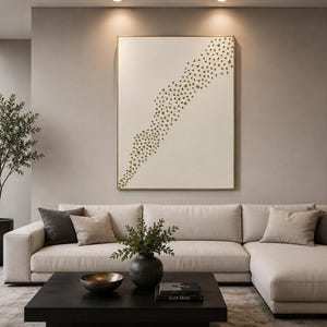Handgemaakt abstract canvas kunstwerk in wit en goud | Minimalistische wanddecoratie met textuur en zwevend frame. (45 x 61 cm) Andere formaten beschikbaar.