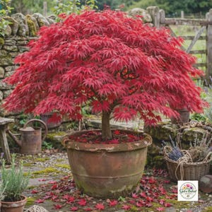 Può includere: Un vibrante acero giapponese con foglie rosso brillante profondamente lobate, piantato in un grande vaso di terracotta usurato. L'albero presenta una chioma densa e arrotondata e un tronco spesso, con foglie rosse cadute sparse sul terreno.
