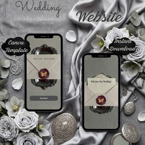 May include: Two smartphones displaying a wedding website template with an envelope graphic, a gold butterfly wax seal, and text reading You're Invited and Welcome Our Wedding. The screens feature a Tap Here button and Canva Template text.