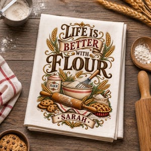 May include: A white kitchen towel featuring a decorative illustration of a mixing bowl, a whisk, a rolling pin, a flour canister, and cookies. The text reads "LIFE IS BETTER WITH FLOUR" and "SARAH" in a stylised brown and red font with wheat stalks.