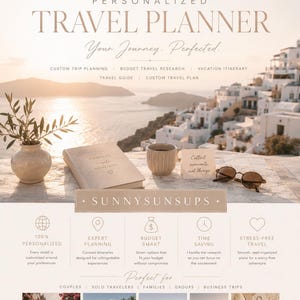 Peut inclure: Une publicité pour un planificateur de voyage personnalisé avec le texte Personalized Travel Planner, Your Journey. Perfected., et SUNNYSUNSUPS. Elle inclut des icônes de services, des photos de destinations et un carnet avec une tasse.