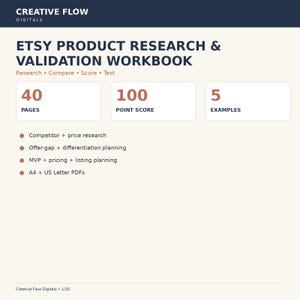 May include: A digital workbook titled Etsy Product Research & Validation Workbook by Creative Flow Digitals. It features 40 pages, a 100 point score system, and 5 examples. The content covers competitor research, offer-gap planning, and A4 or US Letter PDFs.