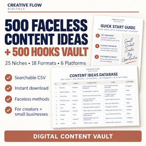 Puede incluir: Un producto digital titulado 500 Faceless Content Ideas + 500 Hooks Vault de Creative Flow Digitals. Incluye una guía de inicio rápido y una base de datos de ideas de contenido con 25 nichos, 18 formatos y 6 plataformas. Cuenta con CSV buscable, descarga instantánea y métodos sin rostro para creadores y pequeñas empresas.