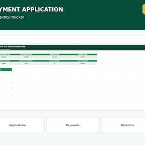 May include: A digital spreadsheet template titled Payment Application & Retention Tracker with a dark green header, a Payment & Retention Dashboard table containing financial data, and three white buttons labeled Applications, Payments, and Retention.